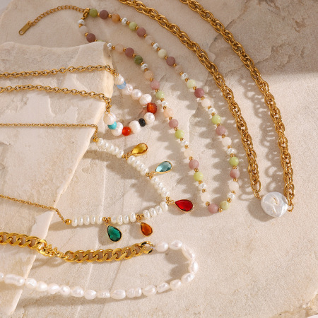 collier de perles élégant en acier inoxydable plaqué or  pour femme, série simple, 1 pièce 2