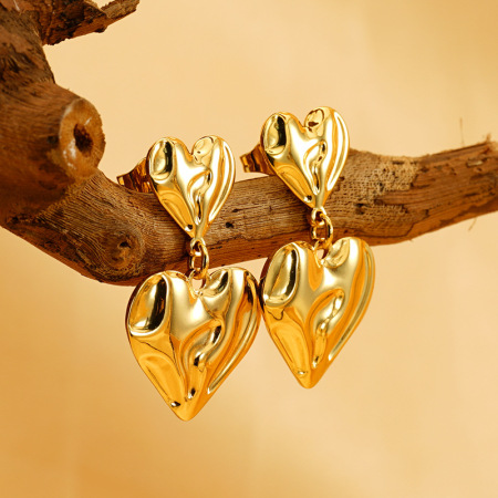 Boucles d'oreilles pendantes pour femme, modèle simple en forme de cœur, en acier inoxydable plaqué or (1 paire). 2