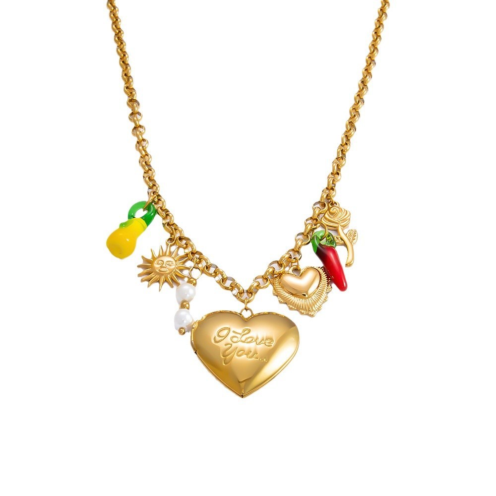 Collier Avec Pendentif En Forme De Cœur En Acier Inoxydable Plaqué Or  Pour Femme, Série Romantique, 1 Pièce Image10