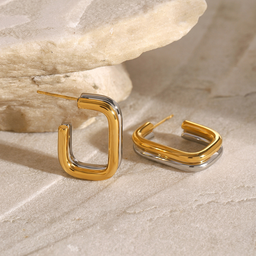 1 Paire De Boucles D'Oreilles Créoles Géométriques Décontractées En Acier Inoxydable Plaqué Or  Pour Femmes Image3