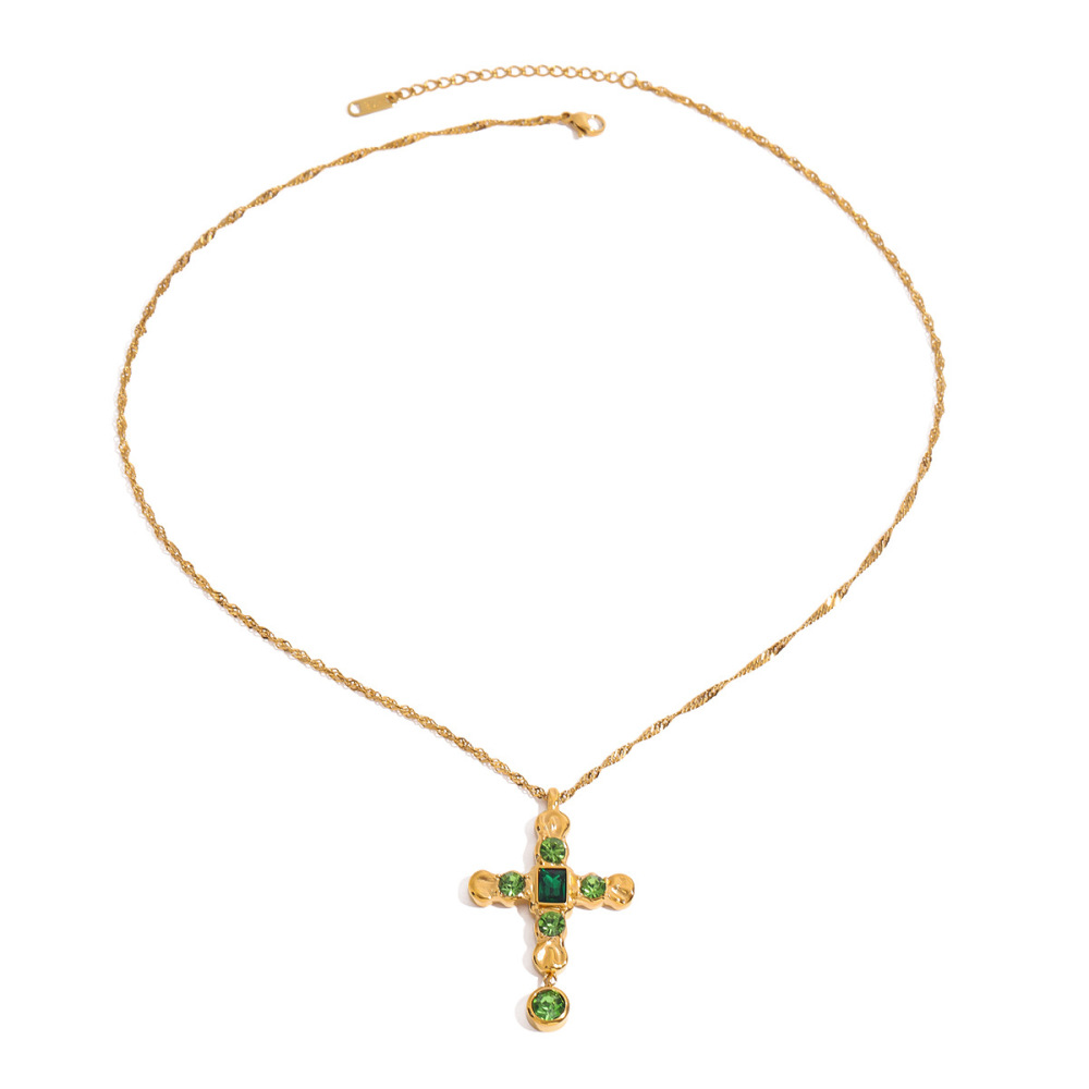 Collier Pendentif Femme En Acier Inoxydable Doré, Croix Verte, Étanche, Collection Exquise (1 Pièce) Image9