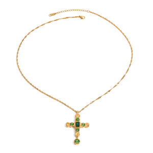 Collier Pendentif Femme En Acier Inoxydable Doré, Croix Verte, Étanche, Collection Exquise (1 Pièce) h5 Image9
