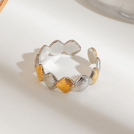 Bague ajustable pour femme, en acier inoxydable étanche, avec motif coquillage, or et argent (1 pièce).