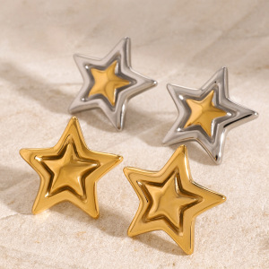 1 Paire De Boucles D'Oreilles À Tige En Acier Inoxydable Plaqué Or Pour Femme, Style Pentagramme, Série Simple h5 Image4