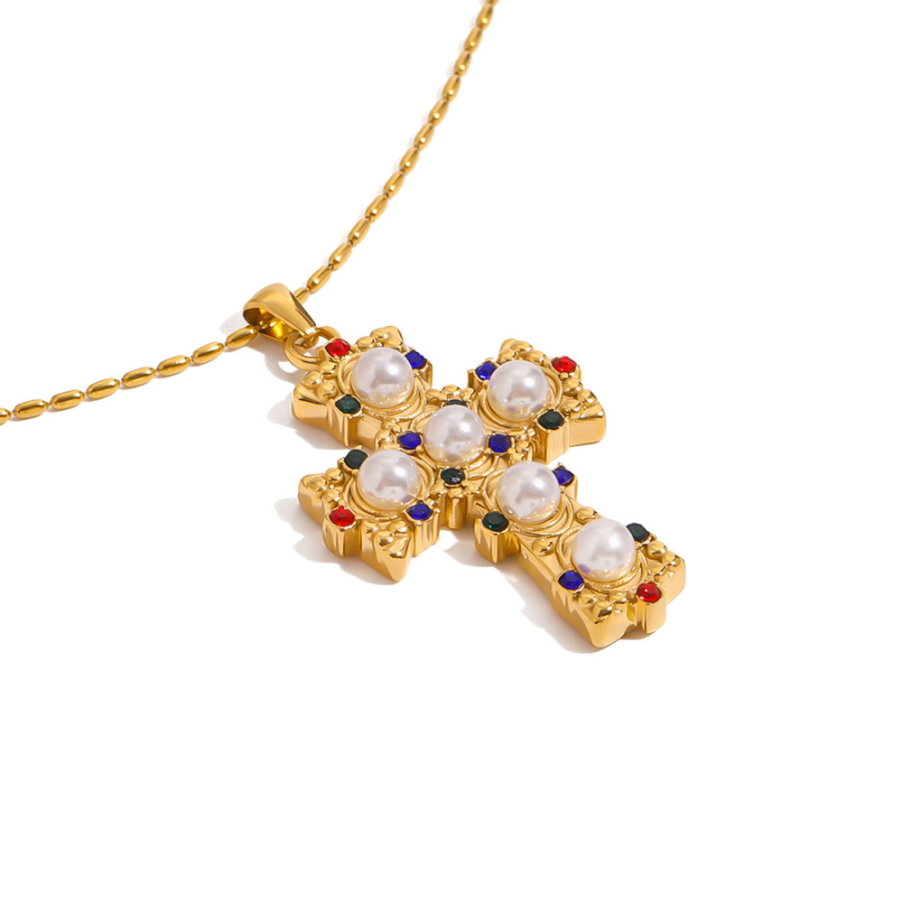Collier Pendentif Femme En Acier Inoxydable Doré, Couleur Or, Forme Croix, Couleurs Exquises, Collection De Luxe (1 Pièce) h5Image5