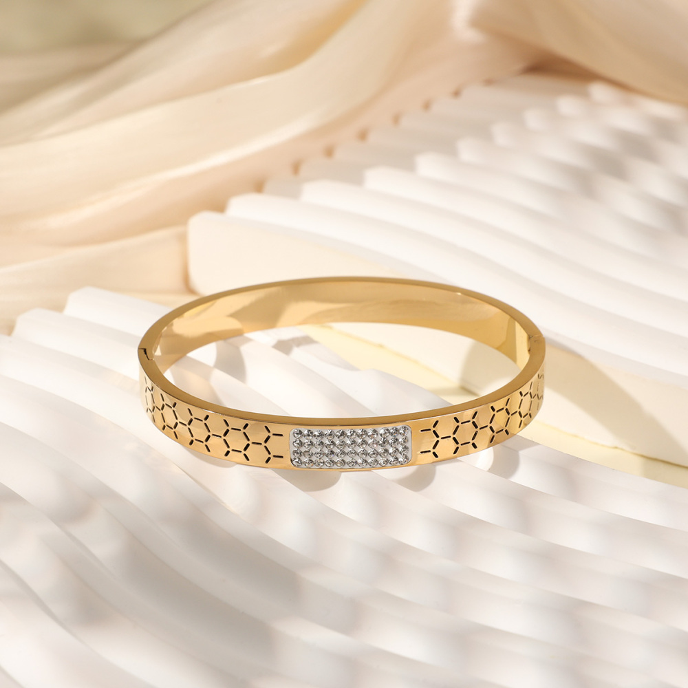 Bracelet Jonc Pour Femme, 1 Pièce, Collection Moderne, Élégant, Motif Hexagonal, En Acier Inoxydable, Étanche, Couleur Or Image5