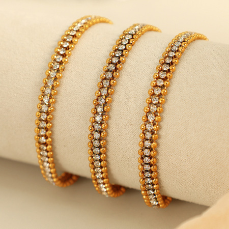 Bracelet Chaîne Pour Femme, Série Luxueuse, Perles Simples, En Acier Inoxydable Plaqué Or , Strass
