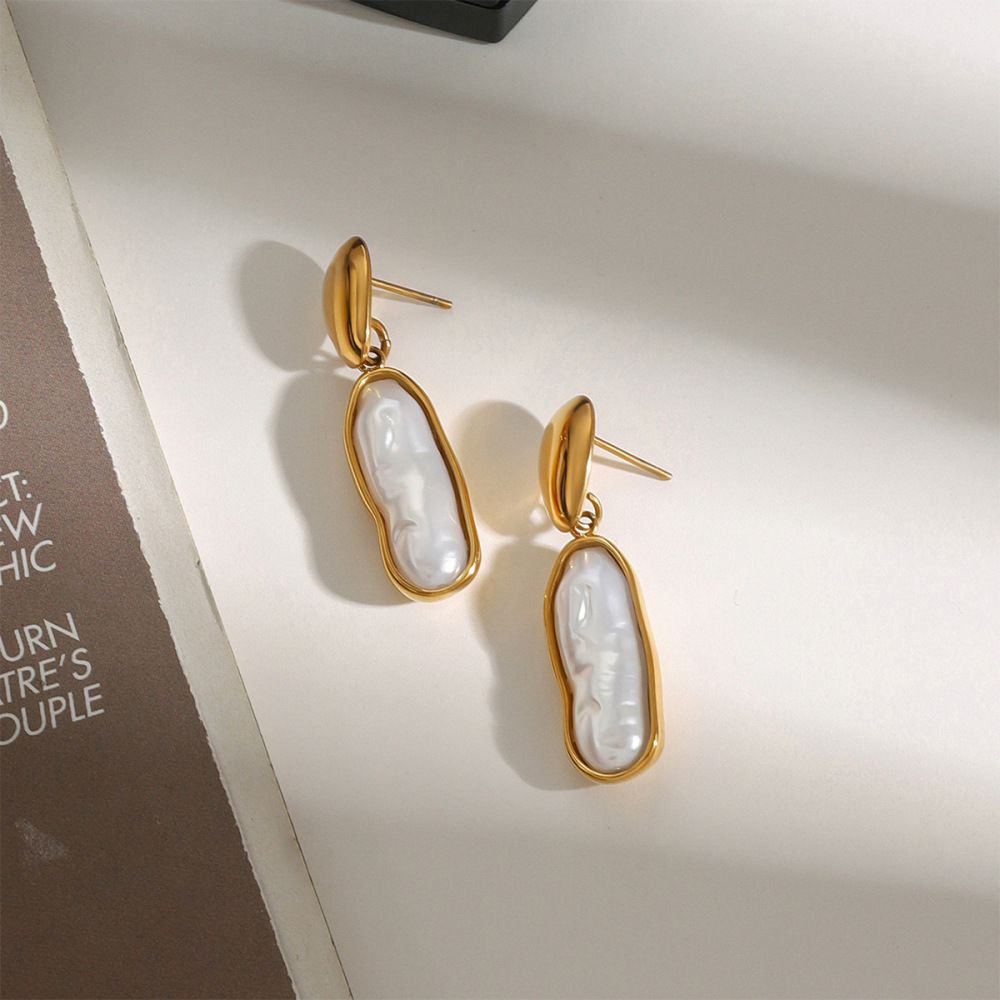 Boucles D'Oreilles Pendantes Pour Femme, Style Ovale Irrégulier, En Acier Inoxydable Doré, Étanches, Collection Classique (1 Paire). Image5
