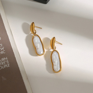 Boucles D'Oreilles Pendantes Pour Femme, Style Ovale Irrégulier, En Acier Inoxydable Doré, Étanches, Collection Classique (1 Paire). h5 Image5
