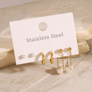 1 Paire De Boucles D'Oreilles Géométriques Rétro En Acier Inoxydable Plaqué Or  Avec Perles Artificielles Pour Femme h5 Image3