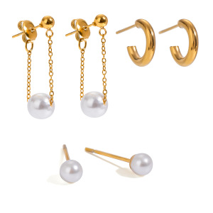 1 Paire De Boucles D'Oreilles Géométriques Rétro En Acier Inoxydable Plaqué Or  Avec Perles Artificielles Pour Femme h5 Image5