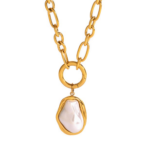 Collier Élégant Avec Pendentif Géométrique En Acier Inoxydable Plaqué Or Et Perles Artificielles Pour Femme, Série Classique, 1 Pièce h5 Image6