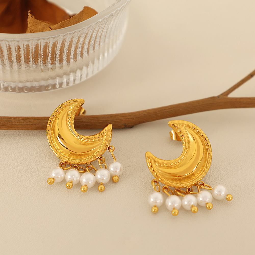 1 Paire De Boucles D'Oreilles À Tige Rétro Soleil/Lune En Acier Inoxydable Plaqué Or  Avec Perles Artificielles Pour Femme Image5