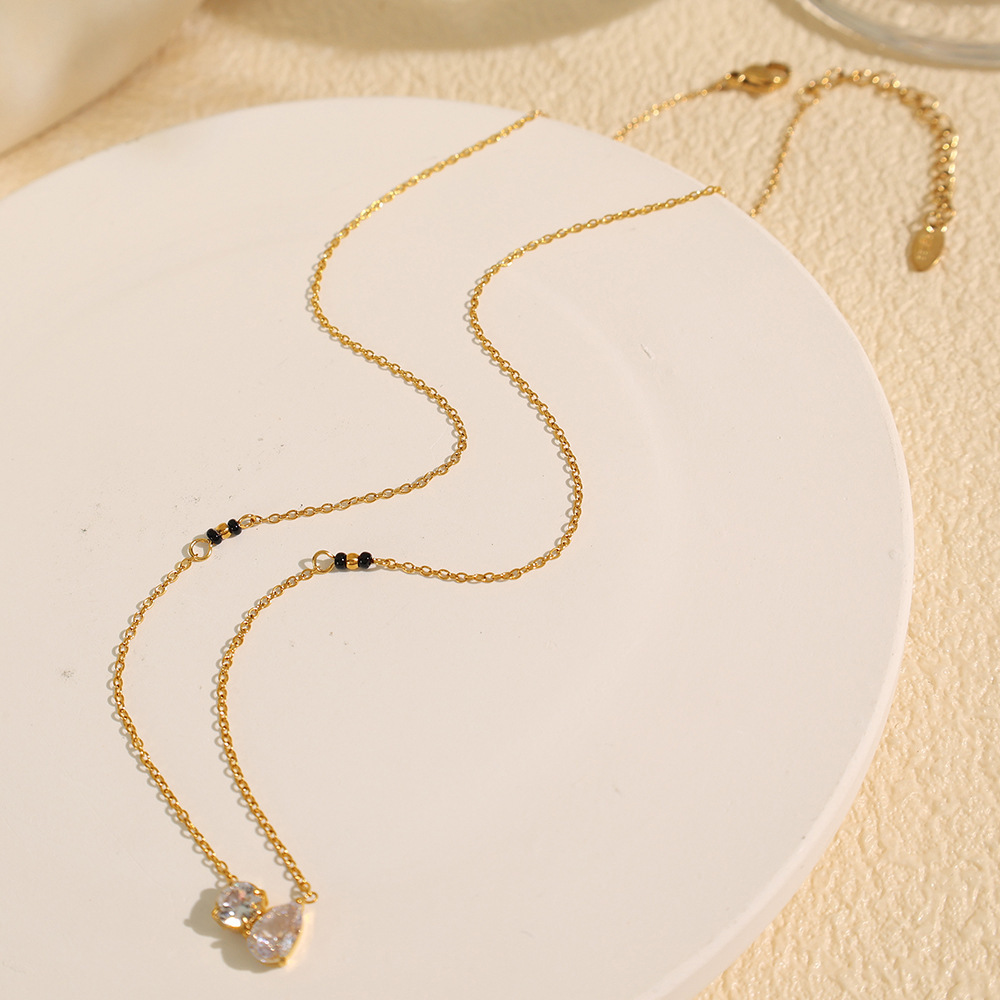 Collier Élégant Avec Pendentif Géométrique En Acier Titane Plaqué Or  Et Strass Pour Femme, Série Romantique, 1 Pièce Image4