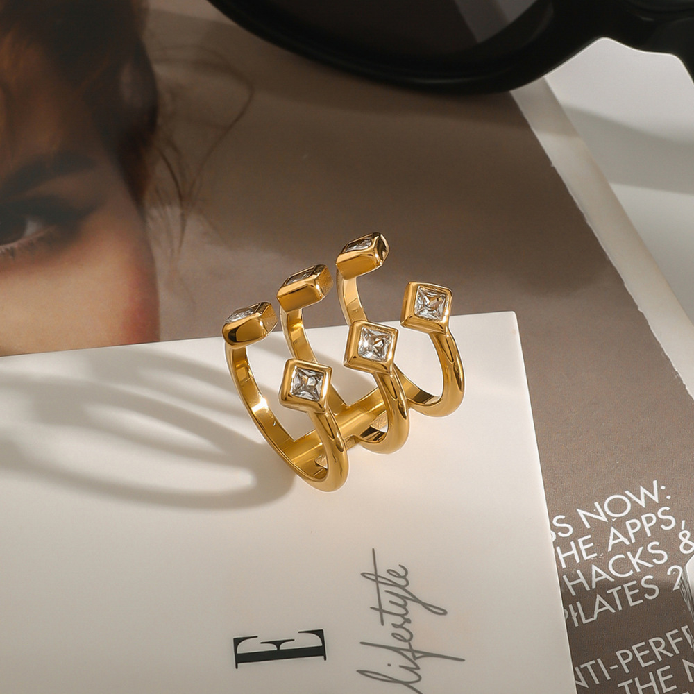 Bague Simple Pour Femme, Collection Sophisticated Series, Style Rétro Losange, En Acier Inoxydable, Couleur Or, Étanche. h5Image8