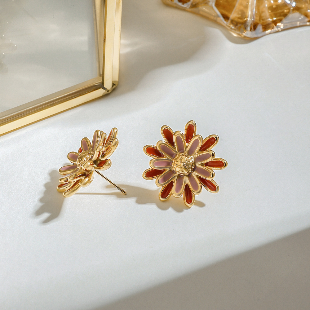 Boucles D'Oreilles Puces Pour Femme, Collection Chic Daisy, Finition Goutte D'Huile, En Acier Inoxydable, Couleur Or, Imperméables, 1 Paire Image7