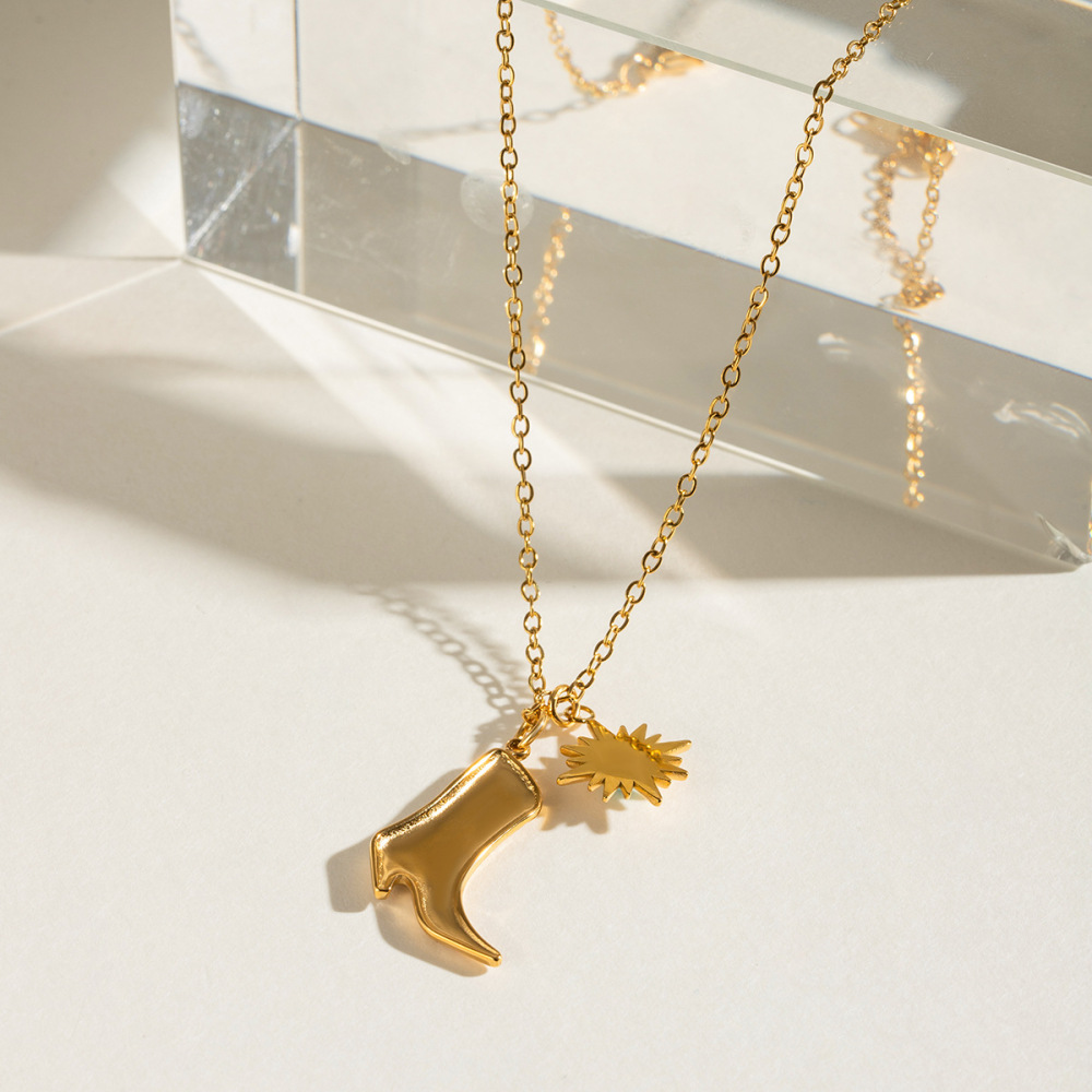 Collier Pendentif Femme Élégant En Forme De Botte, Style Soleil, En Acier Inoxydable, Étanche, Couleur Or, Avec Pierre Naturelle (1 Pièce). Image3