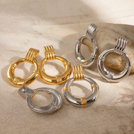 1 paire de boucles d'oreilles puces pour femme, style rétro géométrique simple, en acier inoxydable plaqué or. 2