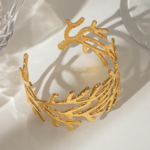Bracelet Pour Femme En Acier Inoxydable Plaqué Or , Série Simple, Motif Végétal Rétro, 1 Pièce h5 Image4