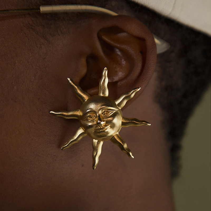 1 Paire De Boucles D'Oreilles À Tige Rétro Soleil/Lune En Acier Inoxydable Plaqué Or Pour Femme h5Image5