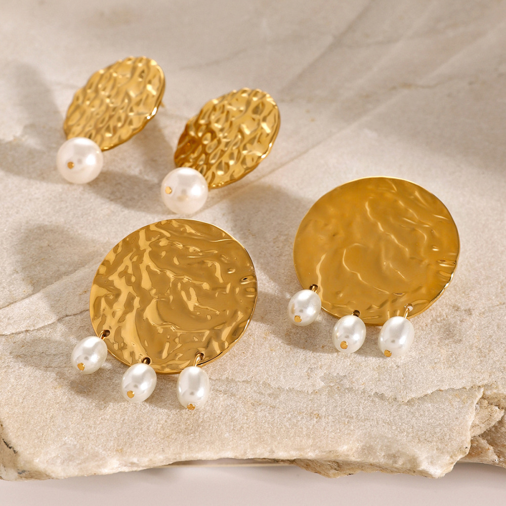 1 Paire De Boucles D'Oreilles Pendantes En Acier Inoxydable Or  Avec Perles Ovales Martelées Et Rondes, Style Personnalité, Bijoux Tendance Pour Femmes Image3