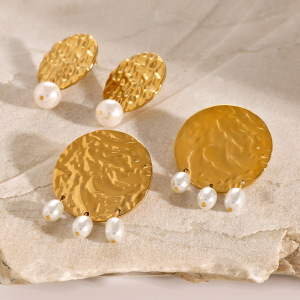 1 Paire De Boucles D'Oreilles Pendantes En Acier Inoxydable Or  Avec Perles Ovales Martelées Et Rondes, Style Personnalité, Bijoux Tendance Pour Femmes h5 Image3