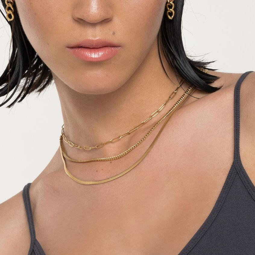Collier À Plusieurs Rangs Chic Et Élégant Pour Femme, Collection Daily Line, En Acier Inoxydable Doré, Étanche, 1 Pièce Image3