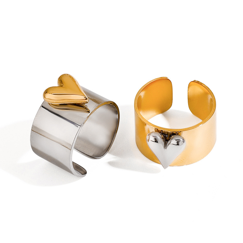 1 Paire De Bagues Ajustables Pour Femme, Collection Romantique En Forme De Cœur, En Acier Inoxydable Imperméable, Coloris Or Et Argent. Image10