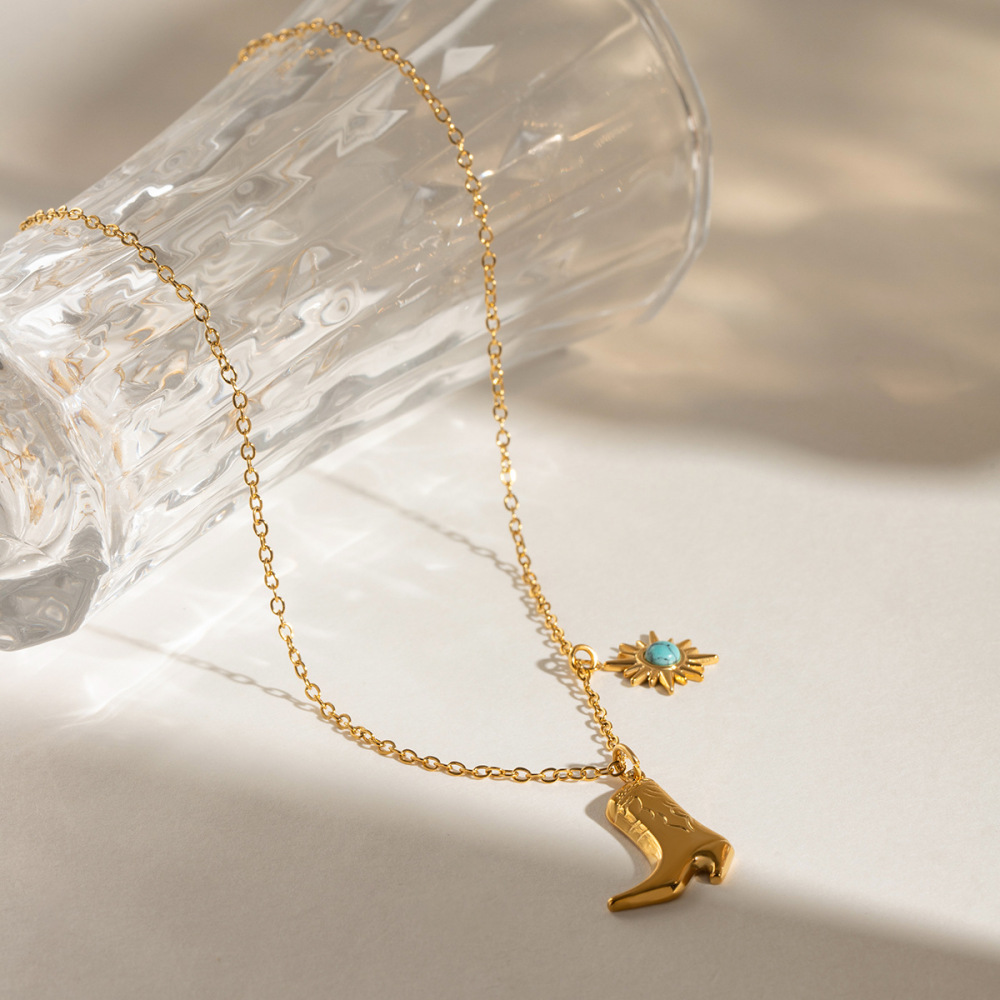 Collier Pendentif Femme Élégant En Forme De Botte, Style Soleil, En Acier Inoxydable, Étanche, Couleur Or, Avec Pierre Naturelle (1 Pièce). Image4