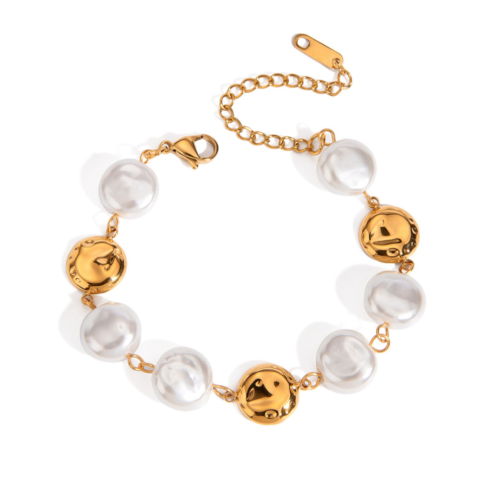 Bracelet De Perles Rétro Rond En Acier Inoxydable Étanche Couleur Or Pour Femme (1 Pièce) Image5