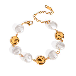 Bracelet De Perles Rétro Rond En Acier Inoxydable Étanche Couleur Or Pour Femme (1 Pièce) h5 Image5