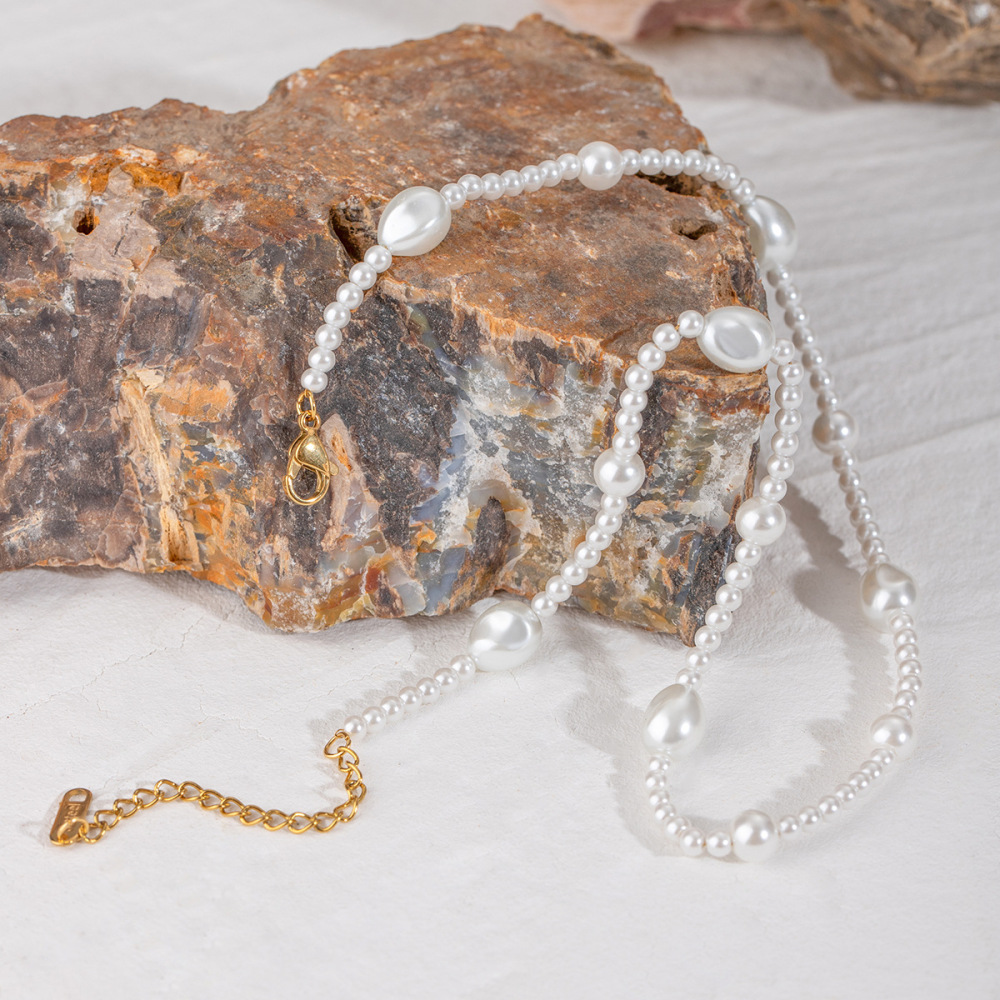 Collier De Perles Rétro En Acier Inoxydable Plaqué Or , Série Classique, Perles Artificielles Pour Femmes Image4