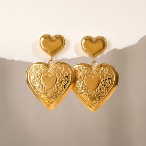 1 Paire De Boucles D'Oreilles Pendantes Élégantes En Forme De Cœur, En Acier Inoxydable Doré, Imperméables, De La Série Luxueuse. À Personnaliser Soi-Même. h5 Image4