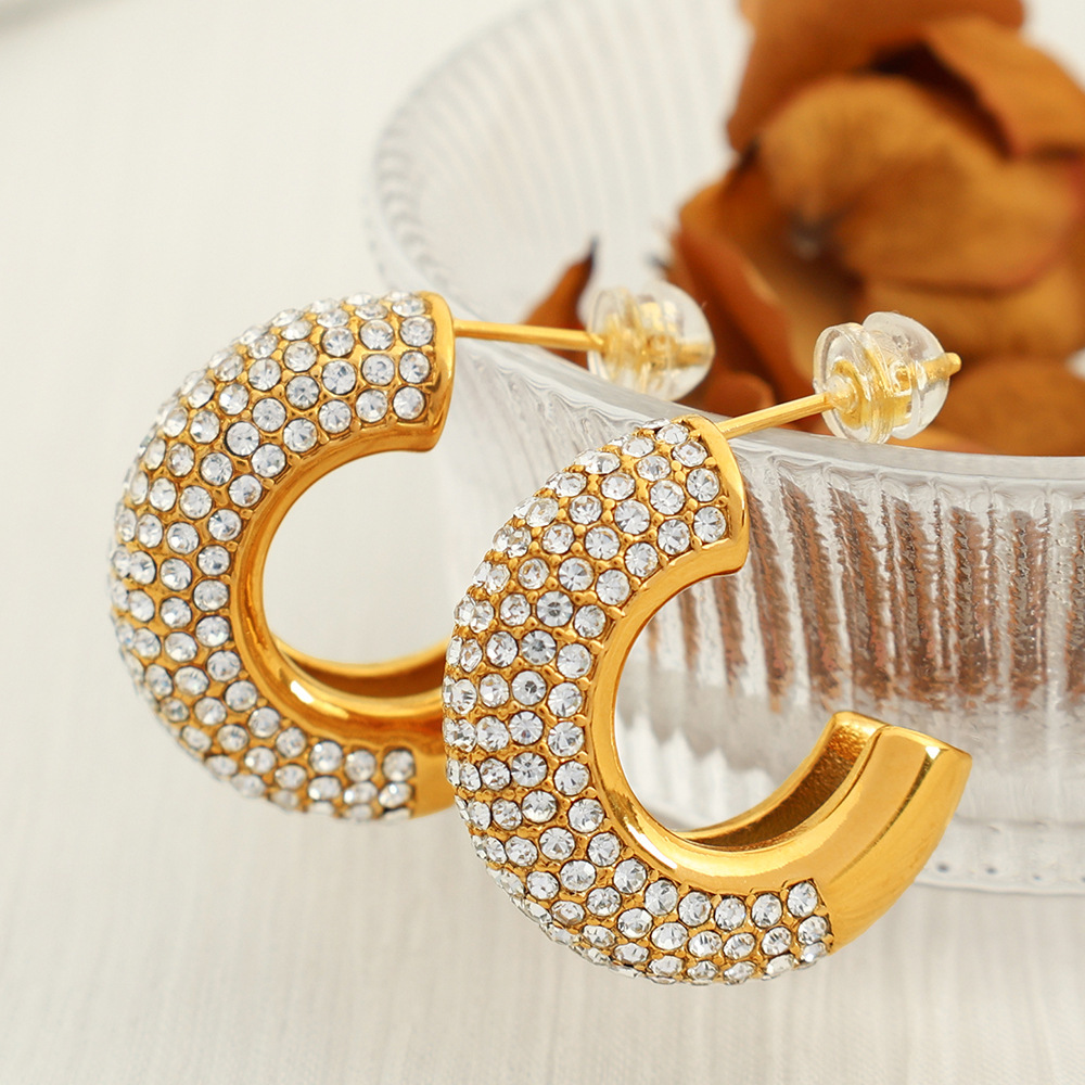 1 Paire De Boucles D'Oreilles Puces Pour Femme, Collection Luxueuse, Simple Et Géométrique, En Acier Inoxydable Plaqué Or Avec Strass. Image5