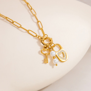 Collier Avec Pendentif En Acier Inoxydable Plaqué Or Et Strass Pour Femme, Série Classique, Style Rétro h5 Image4