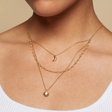 Collier à plusieurs rangs pour femme, collection luxe « Soleil et Lune », en acier inoxydable étanche couleur or (1 pièce) 2