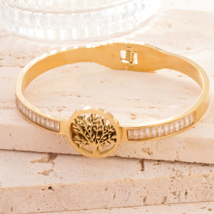 Bracelet Jonc Pour Femme, 1 Pièce, Collection Moderne, Motif Arbre Naturel, En Acier Inoxydable, Couleur Or, Étanche h5 Image6