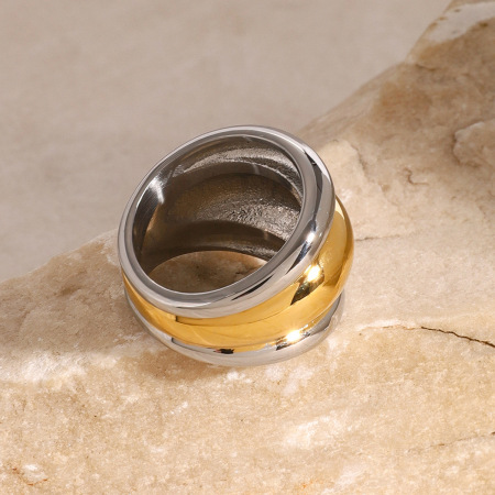 Bague simple pour femme, en acier inoxydable plaqué or, style géométrique simple, étanche. 2