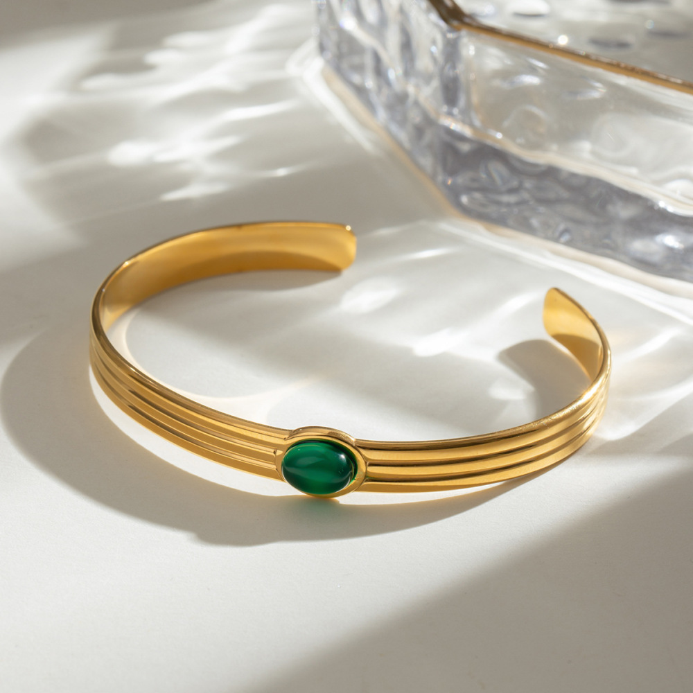 Bracelet Pour Femme, Style Rétro Géométrique, En Acier Inoxydable, Imperméable, Couleur Or, Orné De Pierres Naturelles (1 Pièce) h5Image3