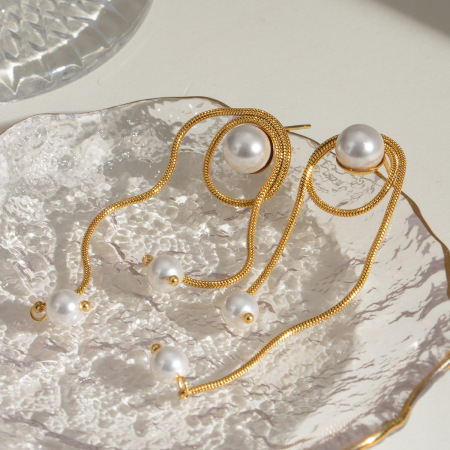 Boucles d'oreilles pendantes élégantes et géométriques en acier inoxydable plaqué or avec perles artificielles (1 paire)