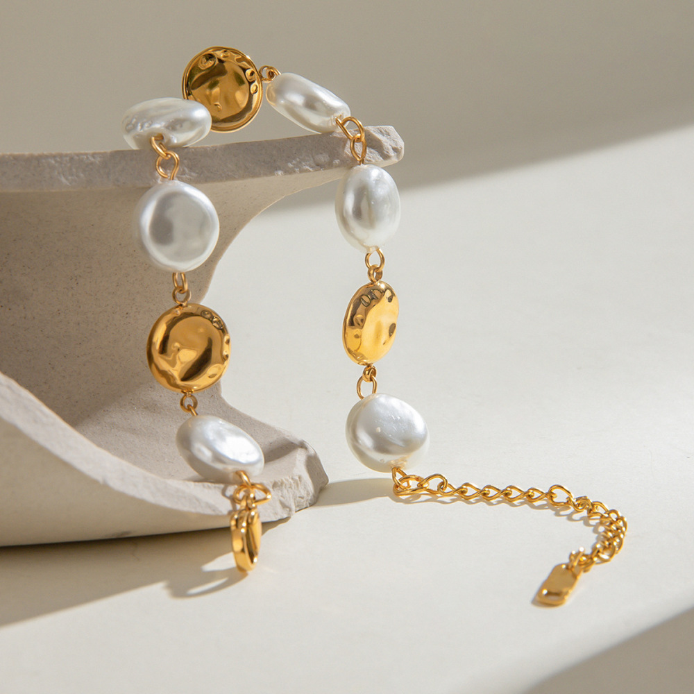 Bracelet De Perles Rétro Rond En Acier Inoxydable Étanche Couleur Or Pour Femme (1 Pièce) Image4