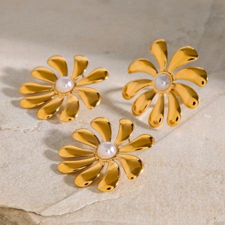 1 paire de boucles d'oreilles rétro en acier inoxydable plaqué or  avec perles artificielles pour femme, série classique 2