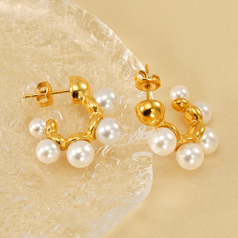 1 Paire De Boucles D'Oreilles Pendantes Géométriques Simples En Acier Inoxydable Plaqué Or  Avec Perles Artificielles Pour Femmes Image4