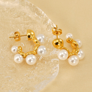1 Paire De Boucles D'Oreilles Pendantes Géométriques Simples En Acier Inoxydable Plaqué Or  Avec Perles Artificielles Pour Femmes h5 Image4