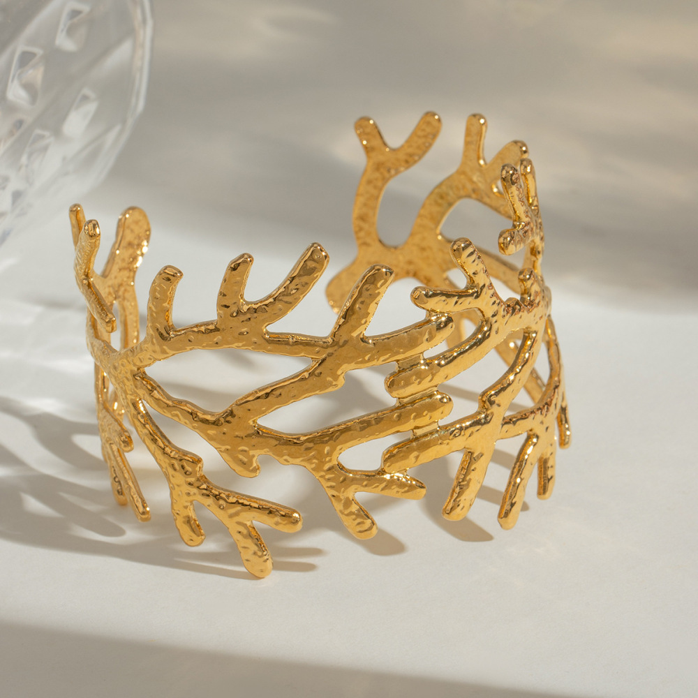 Bracelet Pour Femme En Acier Inoxydable Plaqué Or , Série Simple, Motif Végétal Rétro, 1 Pièce Image3