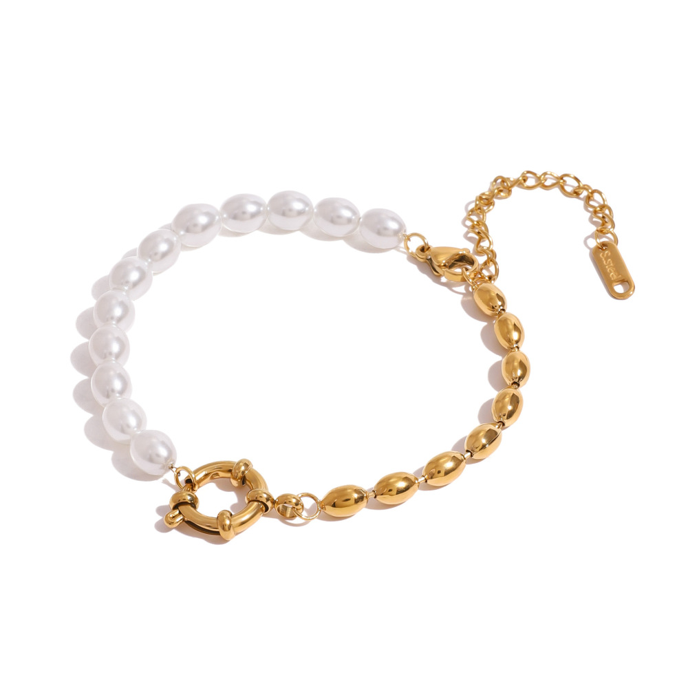 Bracelet De Perles Artificielles Ovales En Acier Inoxydable Plaqué Or Pour Femme, Série Classique , 1 Pièce h5Image6