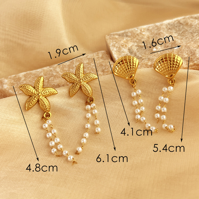 Boucles D'Oreilles À Perles En Forme D'Étoile De Mer, Style Quotidien, En Acier Inoxydable Doré, Pour Femme (1 Paire). Image5