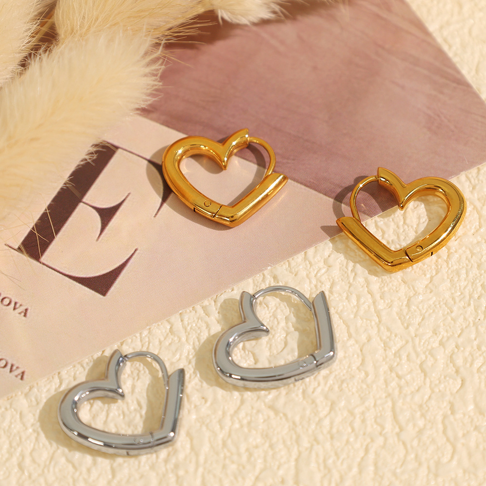1 Paire De Boucles D'Oreilles Créoles En Acier Inoxydable Plaqué Or  Pour Femme, Série Simple, Motif Cœur Image4
