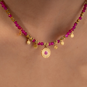 Collier Pendentif Femme En Acier Inoxydable Doré, Pierre Naturelle Rose, Style Rétro Cercle, Collection Intricate Series (1 Pièce) h5 Image7