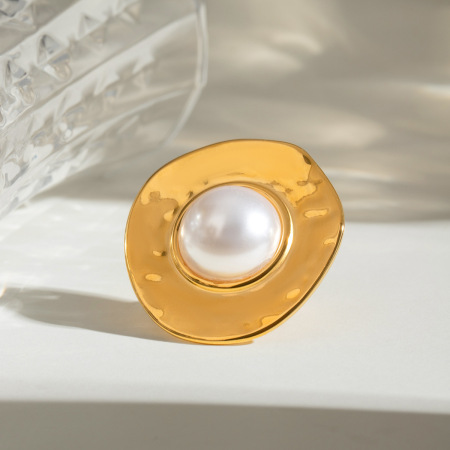 1 paire de bagues ajustables rétro géométriques en acier inoxydable plaqué or avec perles artificielles pour femme 2